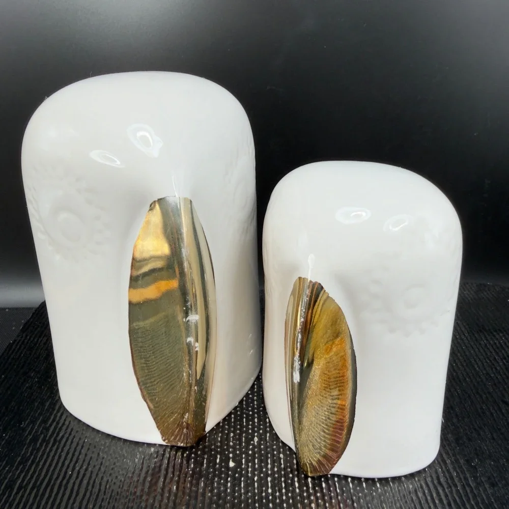 IKEA Ceramic Owl Figurine Set White Gold Metallic Beak Minimalist Decor set of 2